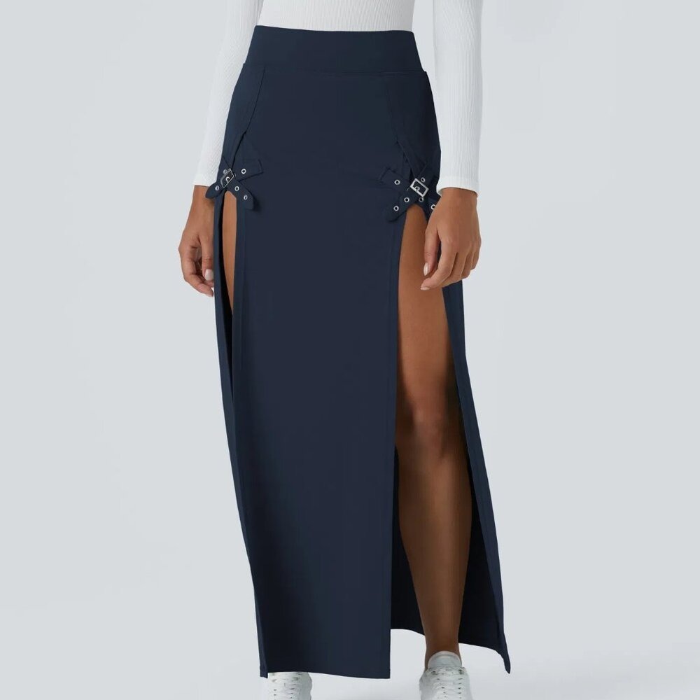 Halara High Waisted Decorative Buckle Split 2-in-1 Maxi Skirt Sapphire XS NWT - Picture 1 of 13